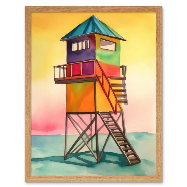"Artery8 Wall Art Print Rainbow Lifeguard Tower Folk Art Watercolour Painting Art Framed in Light Oak - Size: W12"" x H16""" - image 1