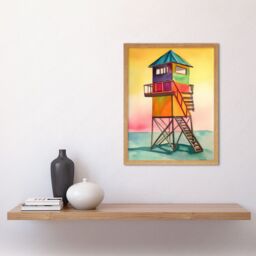"Artery8 Wall Art Print Rainbow Lifeguard Tower Folk Art Watercolour Painting Art Framed in Light Oak - Size: W12"" x H16""" - thumbnail 2
