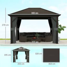 OUTSUNNY 3.6 x 3(m) Metal Garden Hardtop Gazebo with Screened Curtain Dark Grey - thumbnail 3