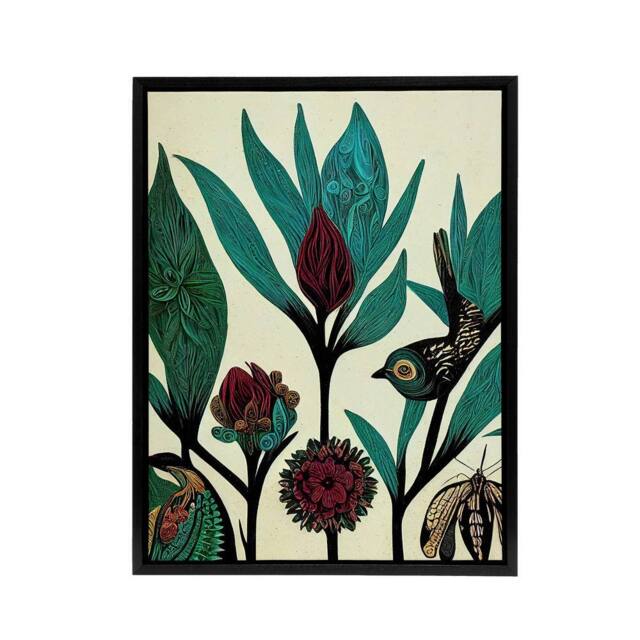 "Artery8 Folk Art Flowers Birds Framed Canvas Wall Art Print in Blue - Size: W12"" x H16""" - image 1