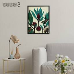 "Artery8 Folk Art Flowers Birds Framed Canvas Wall Art Print in Blue - Size: W12"" x H16""" - thumbnail 3