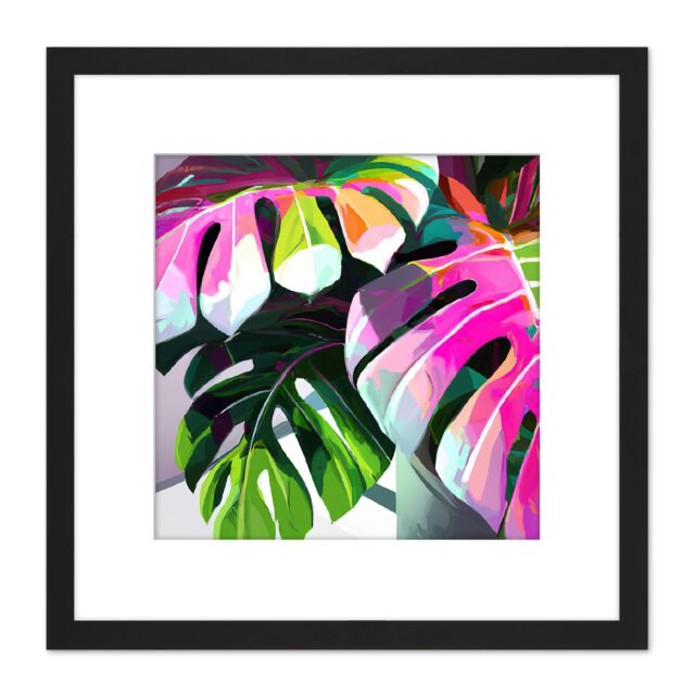 Artery8 Monstera Bright Jungle Tropical Plant Leaf Leaves Pink Orange Green Pastel Oil Painting Square Wooden Framed Wall Art Print Picture 8X8 Inch - image 1