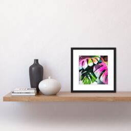 Artery8 Monstera Bright Jungle Tropical Plant Leaf Leaves Pink Orange Green Pastel Oil Painting Square Wooden Framed Wall Art Print Picture 8X8 Inch - thumbnail 2