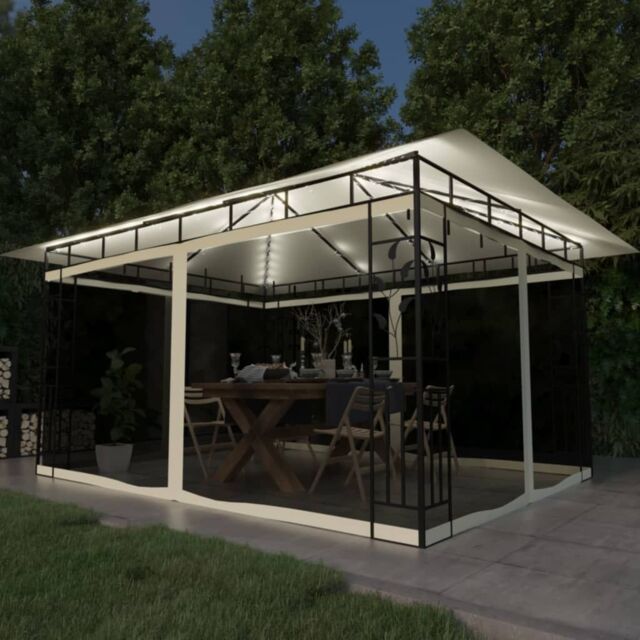 Berkfield Home Gazebo with Mosquito Net&LED String Lights 4x3x2.73 m Cream in Beige - image 1