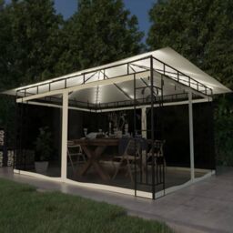 Berkfield Home Gazebo with Mosquito Net&LED String Lights 4x3x2.73 m Cream in Beige - thumbnail 1