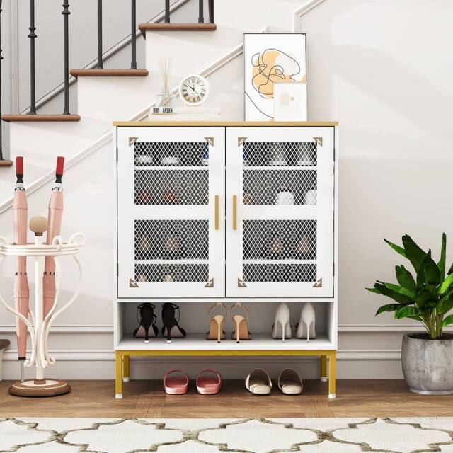 Costway Wooden 5-Tier Shoe Cabinet Modern Shoe Storage Organizer w/Glass Doors in White - image 1