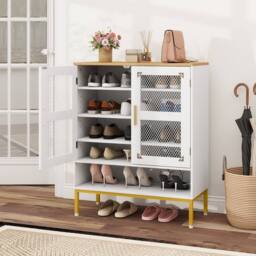 Costway Wooden 5-Tier Shoe Cabinet Modern Shoe Storage Organizer w/Glass Doors in White - thumbnail 8