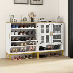 Costway Wooden 5-Tier Shoe Cabinet Modern Shoe Storage Organizer w/Glass Doors in White - thumbnail 4