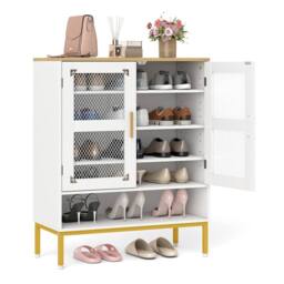Costway Wooden 5-Tier Shoe Cabinet Modern Shoe Storage Organizer w/Glass Doors in White - thumbnail 3