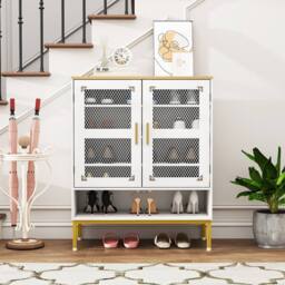 Costway Wooden 5-Tier Shoe Cabinet Modern Shoe Storage Organizer w/Glass Doors in White - thumbnail 1