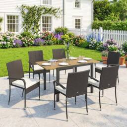 OUTSUNNY 6 Seater Rattan Garden Furniture Set with Stackable Chairs in Cream - Size: 150 cm x 80 cm