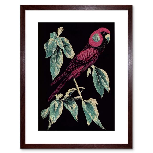 "Artery8 Wall Art Print Burgundy Parakeet Retro Modern Vintage Tropical Jungle Artwork Framed 9X7 Inch in Brown - Size: W7"" x H9""" - image 1