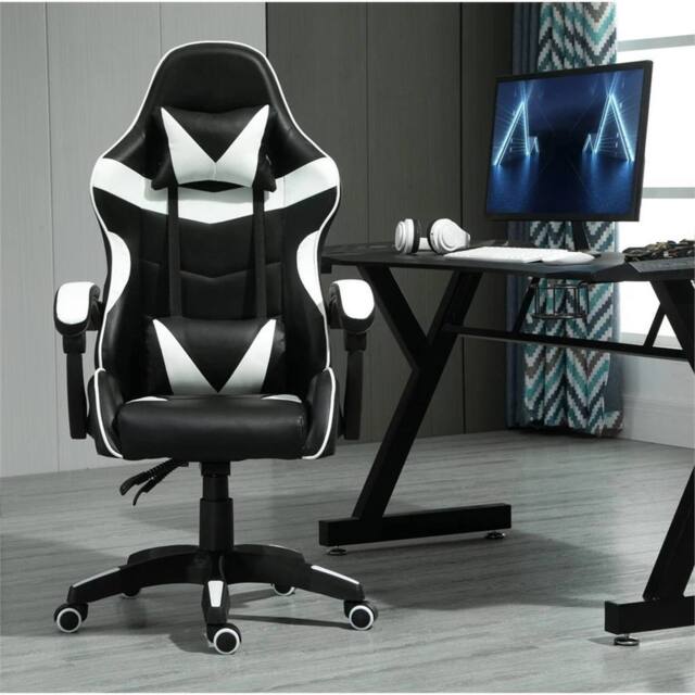 Nordara White Swivel Gaming Chair Faux Leather Home Office Sports Desk Tilt in Black - Size: 130 cm x 60 cm - image 1
