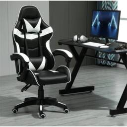 Nordara White Swivel Gaming Chair Faux Leather Home Office Sports Desk Tilt in Black - Size: 130 cm x 60 cm - thumbnail 3