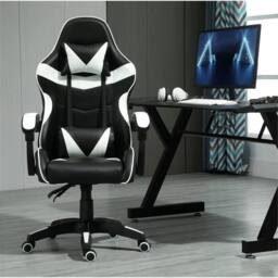 Nordara White Swivel Gaming Chair Faux Leather Home Office Sports Desk Tilt in Black - Size: 130 cm x 60 cm