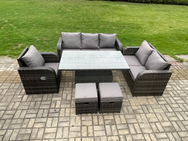Fimous Outdoor Rattan Furniture Garden Dining Set Patio Height Adjustable Rising lifting Table Reclining Chair Sofa With 2 Small Footstools - image 1