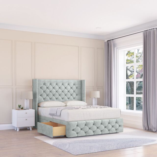 "Sloomy Luthor Naples Wingback Bed Set, No Drawers & 54"" Floor Standing Headboard in Silver - Size: Super King" - image 1