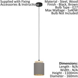 Loops Pendant Light Colour Black Brown Shade Cappuccino Fabric Bulb E27 1x40W - thumbnail 2
