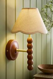 ValueLights Bobbins Walnut Bobble Wall Light & Linen Trim Lamp Shade in Natural