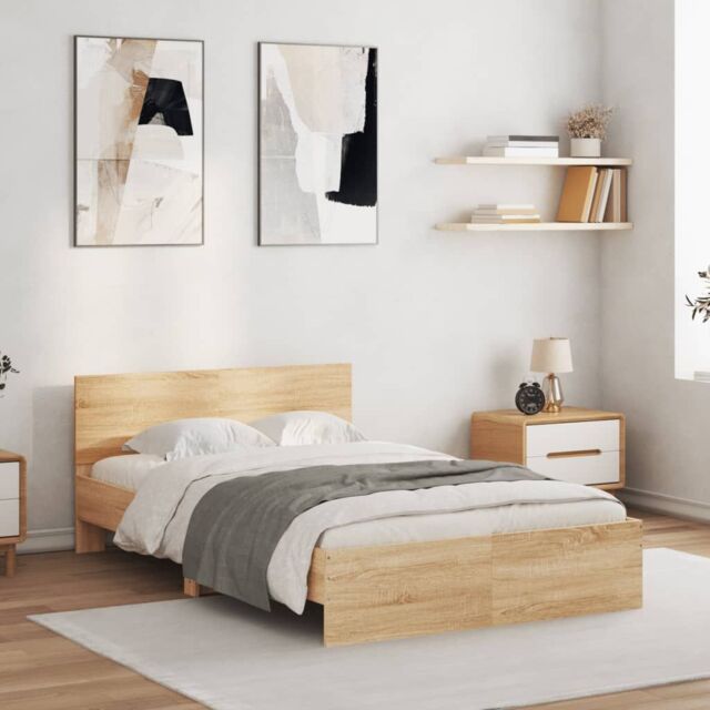 Berkfield Home Bed Frame with LED without Mattress Sonoma Oak 135x190 cm Double in Brown - image 1