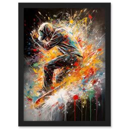 Artery8 Skateboarder Vibrant Splat Paint Action Shot Artwork Framed Wall Art Print A4 in Black - thumbnail 1