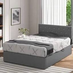EONLION 4FT6 Double Upholstered Fabric Bed Gas Lift up Bed Frame in Grey - thumbnail 1