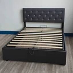 EONLION 4FT6 Double Upholstered Fabric Bed Gas Lift up Bed Frame in Grey - thumbnail 2