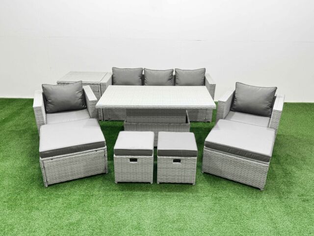 Fimous 9 PCs Rising Dining Table Set Rattan Furniture Set with 3 Seater Sofa in Light Grey - image 1