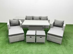 Fimous 9 PCs Rising Dining Table Set Rattan Furniture Set with 3 Seater Sofa in Light Grey - thumbnail 2