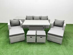 Fimous 9 PCs Rising Dining Table Set Rattan Furniture Set with 3 Seater Sofa in Light Grey - thumbnail 1