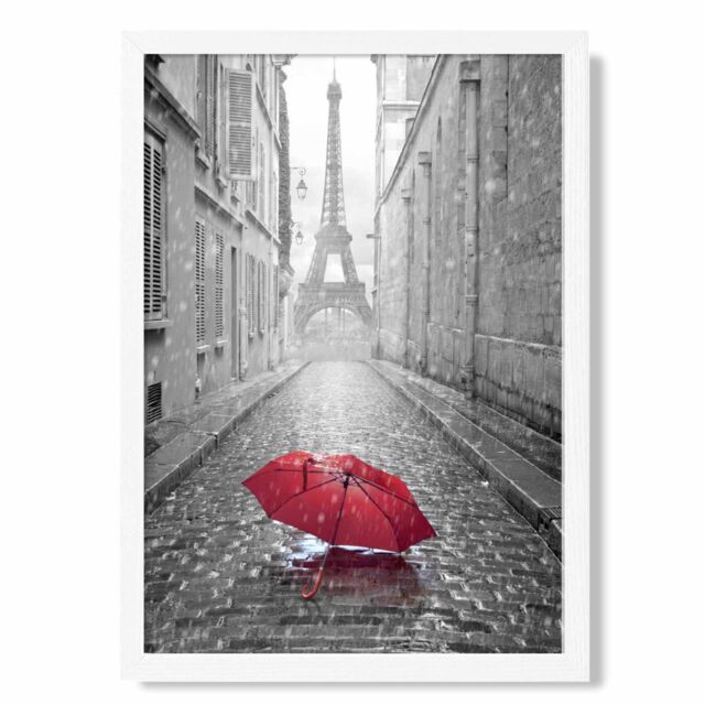 ARTZE Red Umbrella in Paris with Eiffel Tower Framed Print SIZE: A3 with White Frame in Black - Size: A4 - image 1