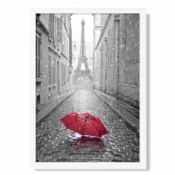 ARTZE Red Umbrella in Paris with Eiffel Tower Framed Print SIZE: A3 with White Frame in Black - Size: A4