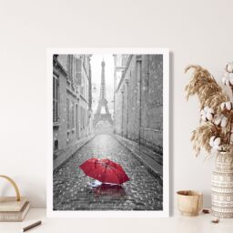 ARTZE Red Umbrella in Paris with Eiffel Tower Framed Print SIZE: A3 with White Frame in Black - Size: A4 - thumbnail 2