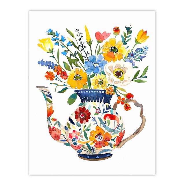 "Artery8 Colourful Flower Bouquet in Floral Teapot Vase Wall Art Print - Size: W18"" x H24""" - image 1