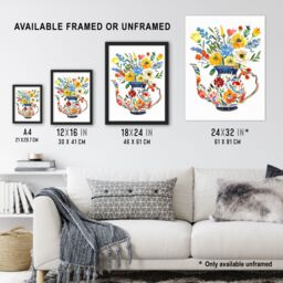 "Artery8 Colourful Flower Bouquet in Floral Teapot Vase Wall Art Print - Size: W18"" x H24""" - thumbnail 3
