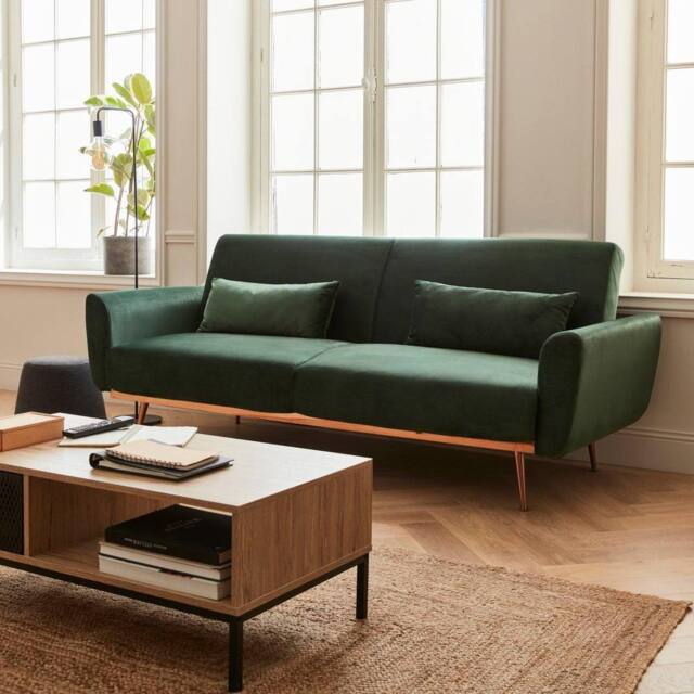 sweeek 3-seater Velvet Convertible Sofa Bed in Dark Green - image 1