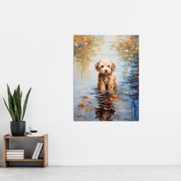 "Artery8 Brown Cockapoo & Autumn Leaves In Lake Claude Monet Style Dog Oil Painting Extra Large XL Unframed Wall Art Poster Print - Size: W24"" x H32""" - thumbnail 4