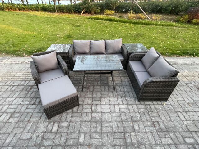Fimous 7 Seater Outdoor Rattan Garden Furniture Set Patio Lounge Sofa Set with Dining Table 2 Side Tables Big Footstool Dark Grey Mixed - image 1
