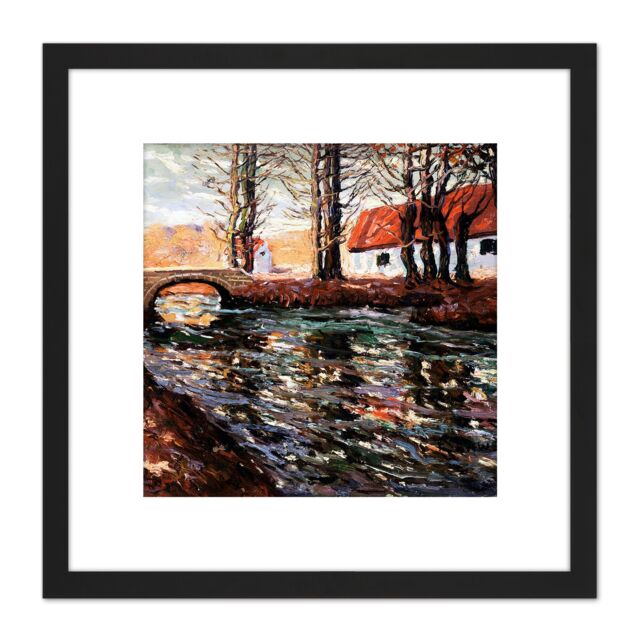 Artery8 Lawson River Landscape Bridge House Painting 8X8 Inch Square Wooden Framed Wall Art Print Picture with Mount in Black - image 1