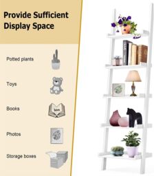 Costway 5 Tier Wooden Ladder Shelf Unit Wall-mounted Bookcase Display in White - thumbnail 2