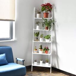 Costway 5 Tier Wooden Ladder Shelf Unit Wall-mounted Bookcase Display in White - thumbnail 4