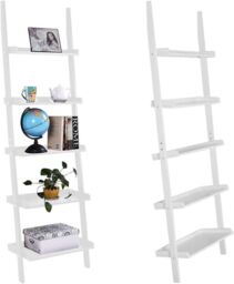 Costway 5 Tier Wooden Ladder Shelf Unit Wall-mounted Bookcase Display in White - thumbnail 1