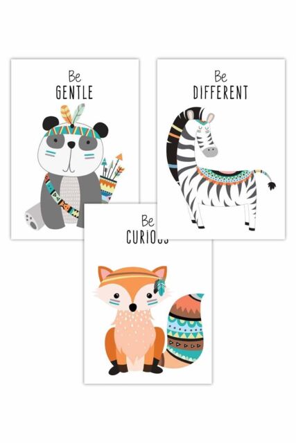 ARTZE Men's Set of 3 Nursery Tribal Panda, Fox, Zebra Quote Art Posters in Orange - Size: W50 cm x H70 cm - image 1