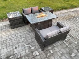 Fimous 4 Seater Rattan Garden Furniture Set Outdoor Lounge Sofa Chair Gas Fire Pit Dining Table Set With Double Seat Sofa 2 Side Tables in Dark Grey - thumbnail 1