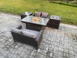 Fimous 4 Seater Rattan Garden Furniture Set Outdoor Lounge Sofa Chair Gas Fire Pit Dining Table Set With Double Seat Sofa 2 Side Tables in Dark Grey - thumbnail 2