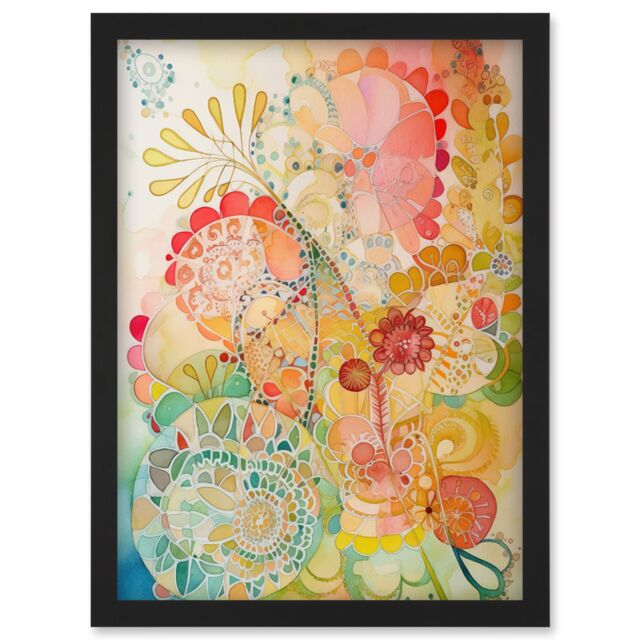 Artery8 Lace Pattern Flower Blooms Folk Art Watercolour Painting Artwork Framed Wall Art Print A4 in Black - image 1