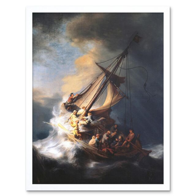 "Artery8 Rembrandt Christ Storm On Lake Of Galilee Old Framed Art Print in White - Size: W12"" x H16""" - image 1