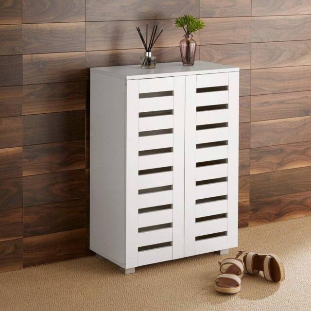 Home Source 2 Door Shoe Storage Cabinet with Slatted Doors & Adjustable Shelving in White - image 1