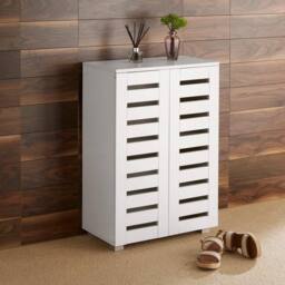 Home Source 2 Door Shoe Storage Cabinet with Slatted Doors & Adjustable Shelving in White - thumbnail 1