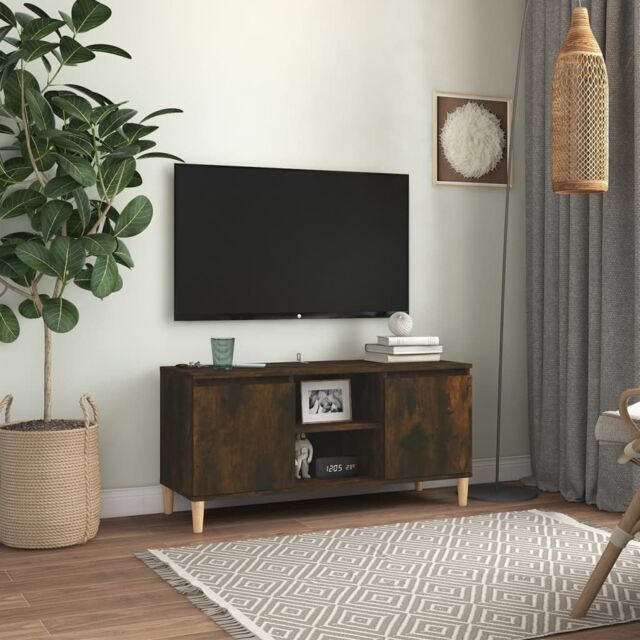 Berkfield Home TV Cabinet with Solid Wood Legs Smoked Oak 103.5x35x50 cm in Brown - image 1